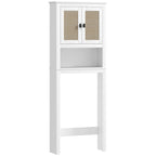 Mueble sobre inodoro blanco con dos puertas de frontal de ratán y compartimento abierto