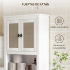 Detalle de las puertas con frontal de ratán y tiradores rectangulares