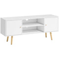Mueble de TV de 120 cm en blanco y madera con dos puertas y estantes abiertos