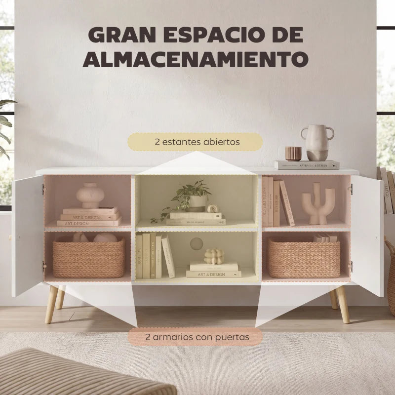 Vista de los dos estantes centrales abiertos del mueble de televisión