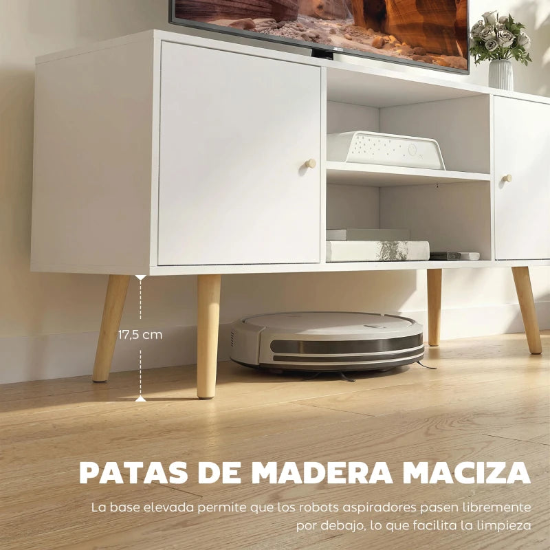 Detalle de las patas de madera maciza y la base elevada del mueble de TV
