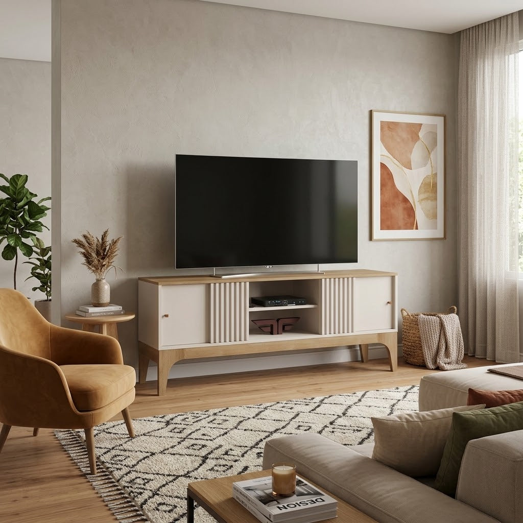 Mueble TV con Puerta Corredera Arabesco 160 cm Blanco Roto y Cedro con Decorado por Láser