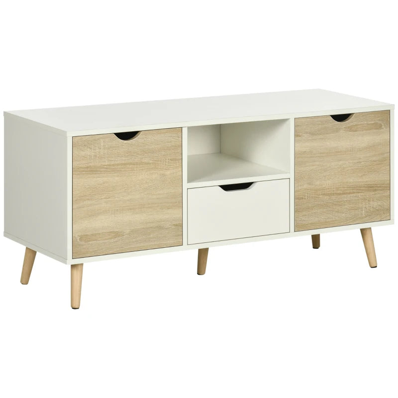 Mueble de TV de 110 cm en blanco y madera natural con cajón, dos puertas y estante