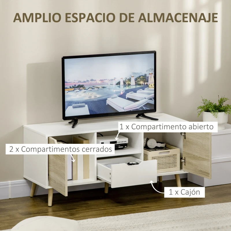 Detalle del cajón abierto del mueble de TV con asa recortada