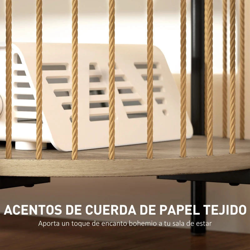 Detalle de la cuerda de papel trenzada a mano del mueble de TV