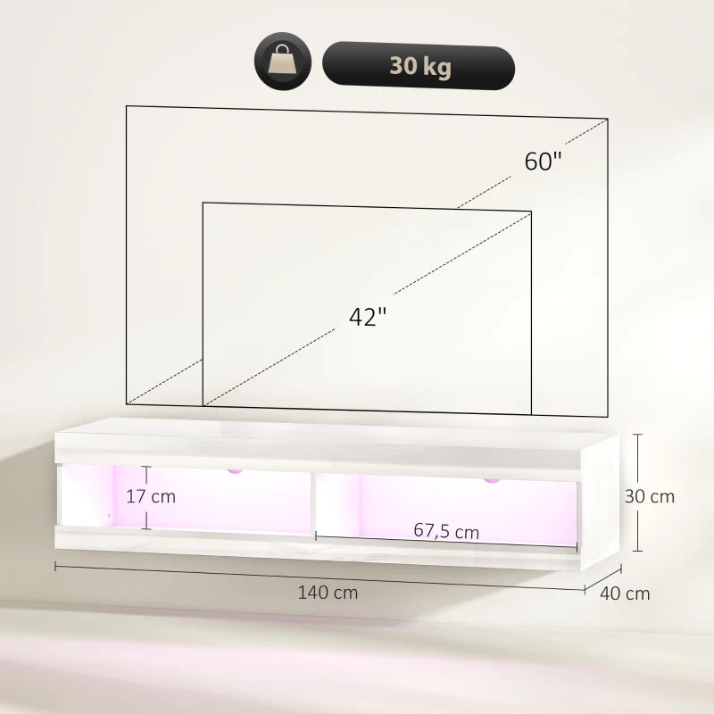 Diagrama con las medidas del mueble de TV suspendido 140x40x30 cm