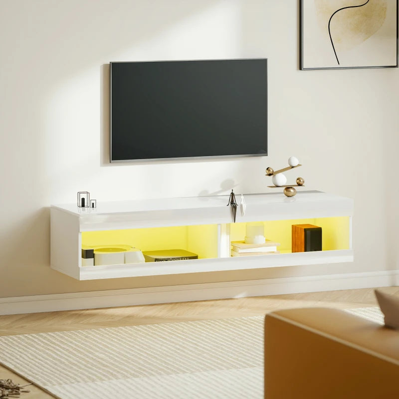 Mueble de TV suspendido con luces LED ambientando un salón moderno