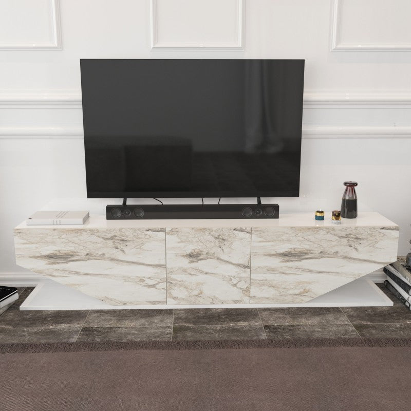 Vista lateral del perfil bajo de 40 cm del mueble TV Carrara