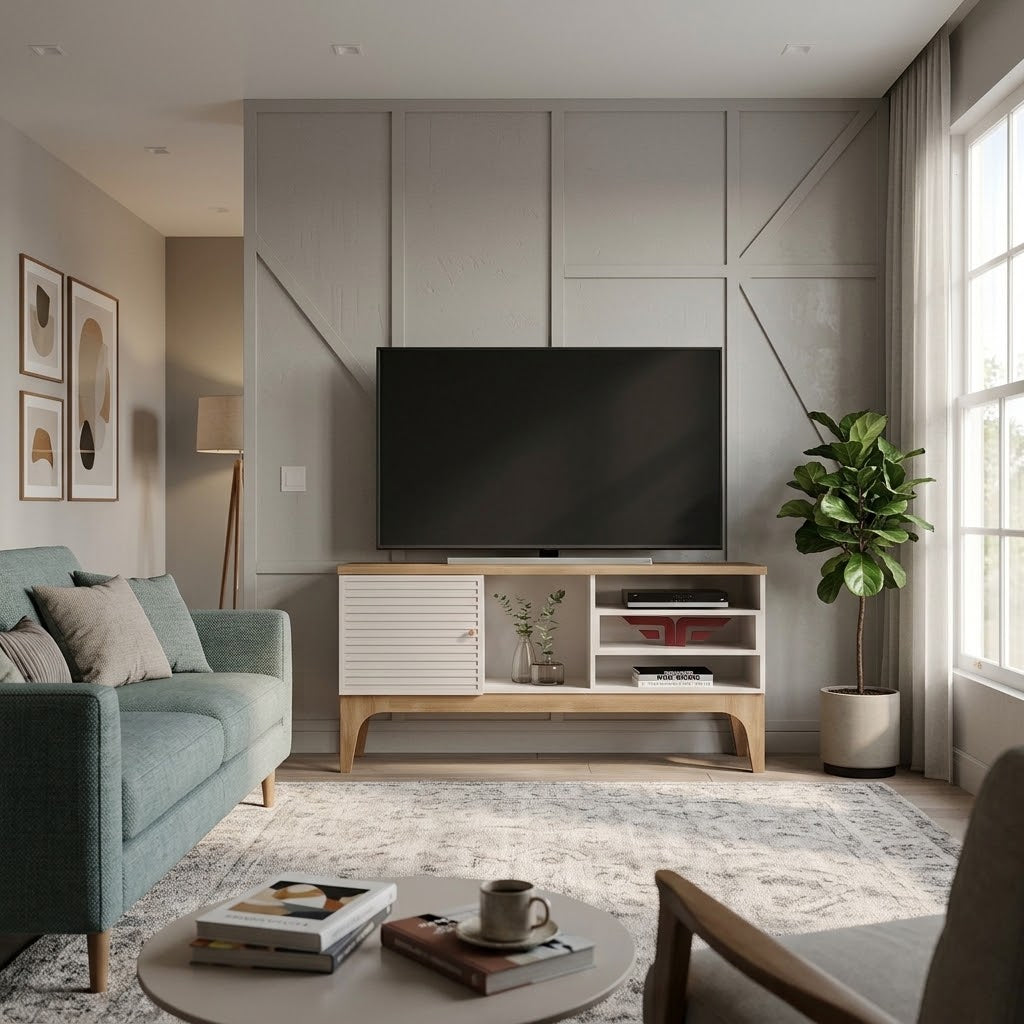 Mueble TV Celosía con televisor en un salón pequeño