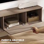 Detalle de la puerta abatible central del mueble tv Shelfthorn en acabado efecto madera marrón