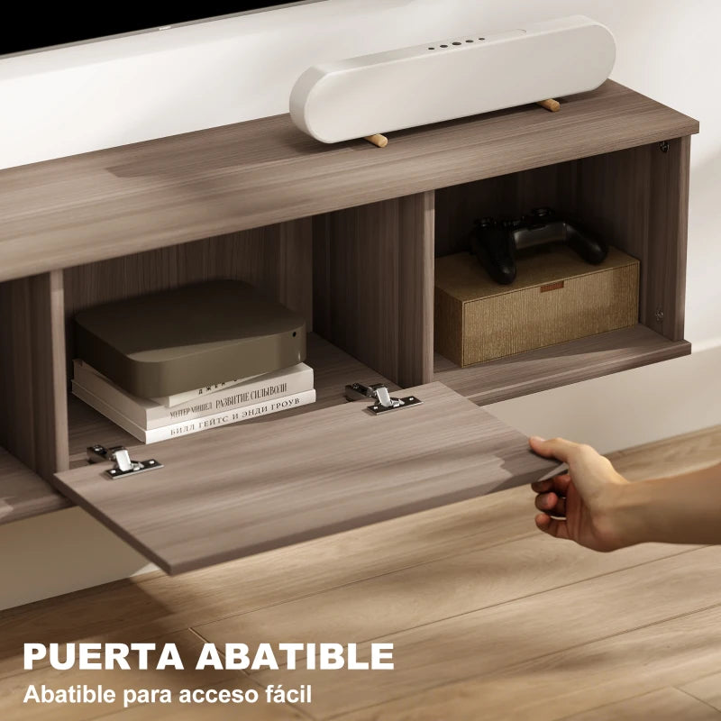 Detalle de la puerta abatible central del mueble tv Shelfthorn en acabado efecto madera marrón