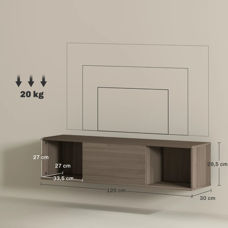 Esquema de medidas del mueble tv de pared Shelfthorn: 120 cm de ancho, 30 cm de fondo, 29,5 cm de alto