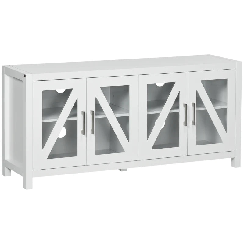 Mueble de TV de 130 cm en blanco con cuatro puertas de vidrio y estantes