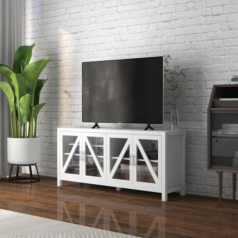Mueble de televisión blanco con puertas de vidrio en un salón minimalista