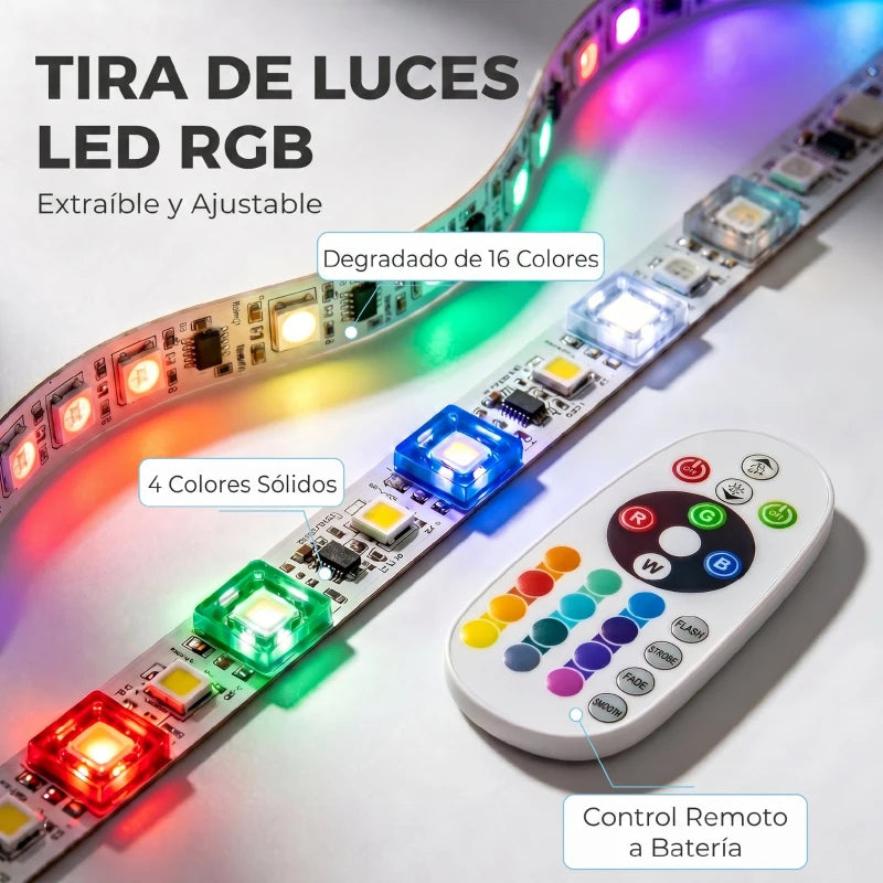 Luces LED RGB encendidas creando un ambiente envolvente en el salón