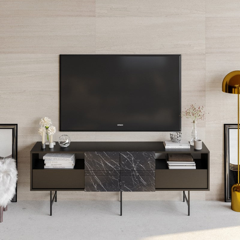 Mueble TV Obsidiana efecto mármol negro de 180 cm con base de metal