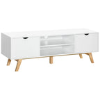 Mueble de TV de 150 cm en blanco y madera con dos puertas y estantes abiertos
