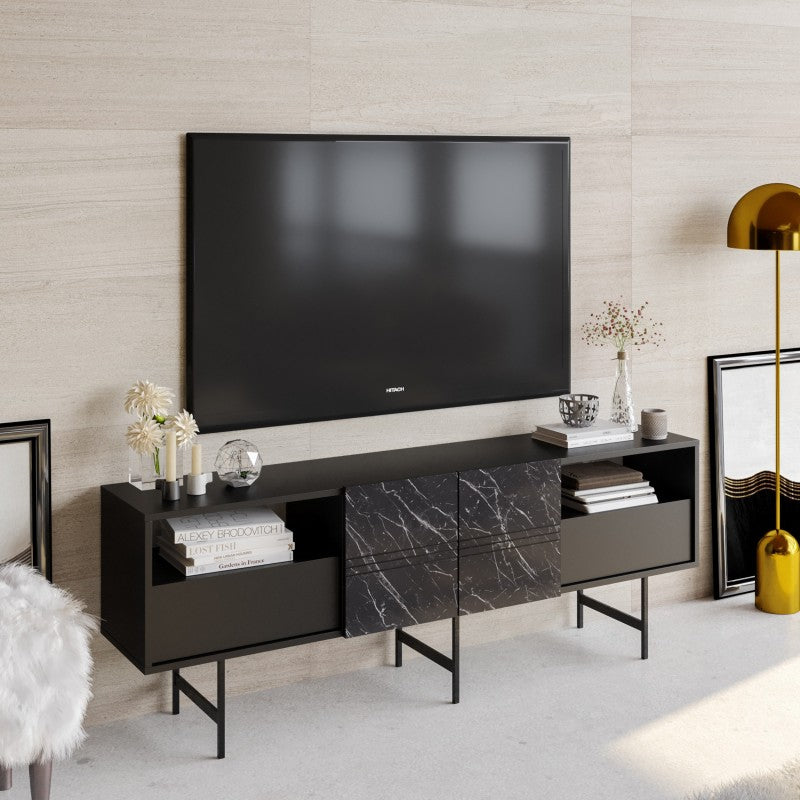 Mueble TV Obsidiana con televisor en un salón elegante y moderno