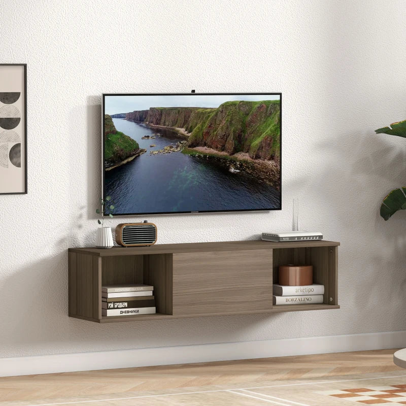 mueble tv shelfthorn instalado en pared con objetos decorativos en los compartimentos abiertos