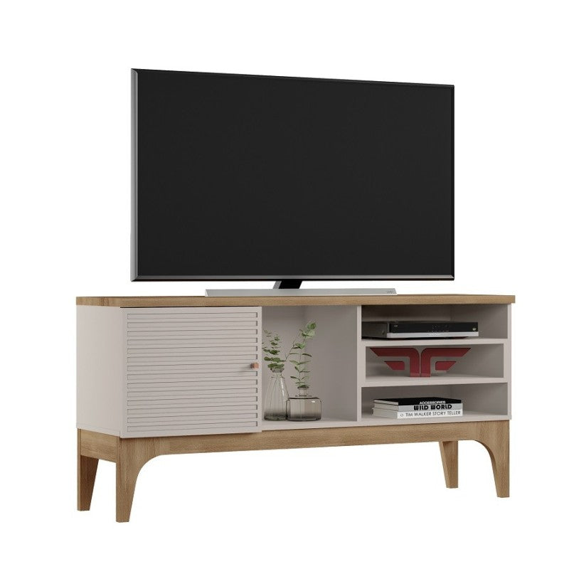 Mueble TV Celosía de 136 cm en blanco roto y cedro con puerta decorada