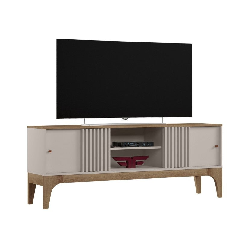 Mueble TV con Puerta Corredera Arabesco 160 cm Blanco Roto y Cedro con Decorado por Láser