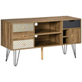 Mueble de TV estilo boho marrón con cajones estampados y patas de metal