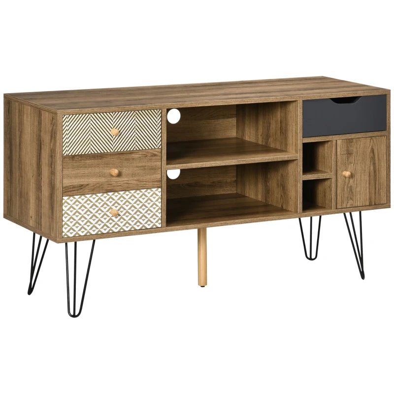 Mueble de TV estilo boho marrón con cajones estampados y patas de metal