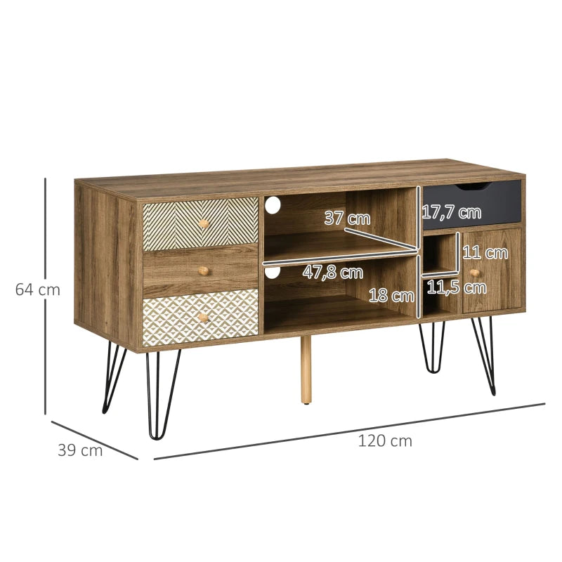  Diagrama con las medidas del mueble de TV boho 120x39x64 cm