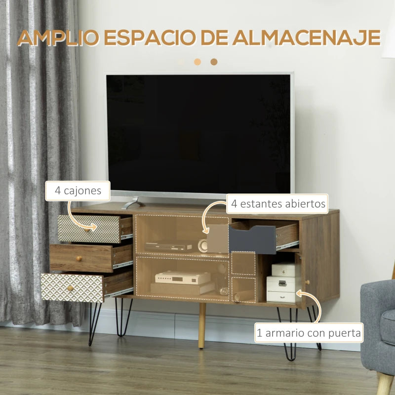 Mueble de TV boho ambientado en un salón con televisor colocado encima
