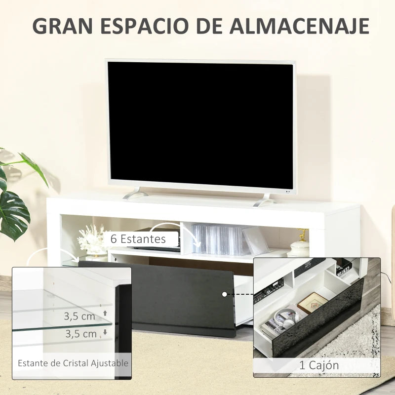 Cajón y estantes abiertos del mueble de TV para guardar dispositivos