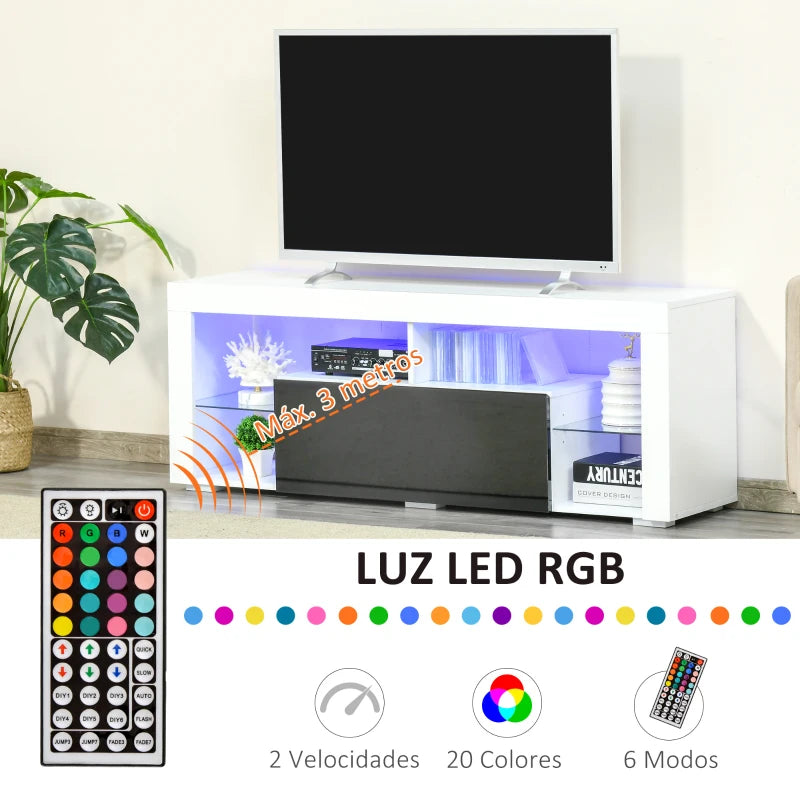 Mueble de TV con luz LED RGB encendida en varios colores
