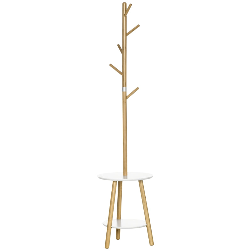 Perchero de pie Alder tipo árbol en bambú y blanco con mesita redonda