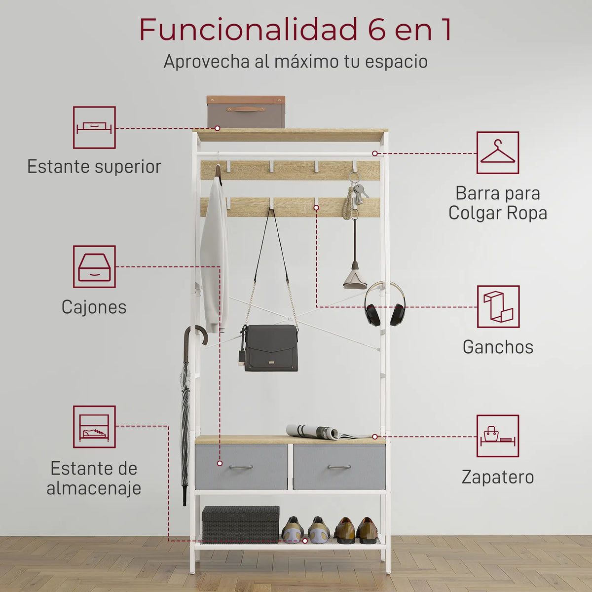 Detalle de los ocho ganchos y la barra superior para colgar prendas