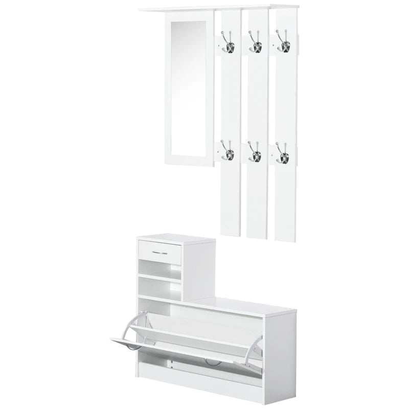 Mueble recibidor 3 en 1 en blanco con espejo, perchero y zapatero