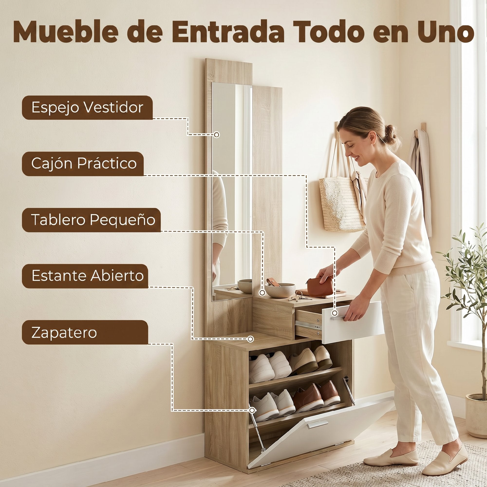 Detalle del zapatero abatible del recibidor con espacio para zapatos