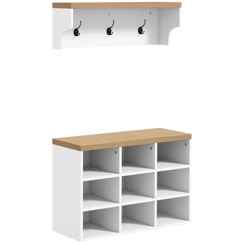 Conjunto de recibidor Bergen con banco zapatero y perchero de pared en blanco y madera en una entrada moderna