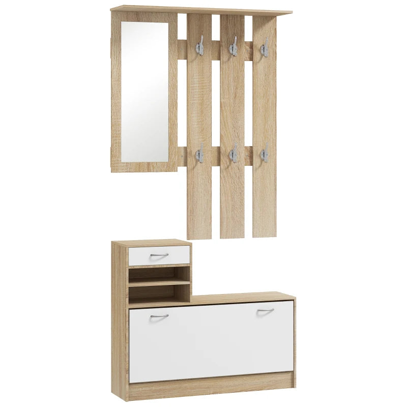 Mueble recibidor 3 en 1 en roble y blanco con espejo, perchero y zapatero