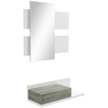Recibidor colgante Oslo con espejo y módulo con cajón en blanco y gris montado en la pared de una entrada