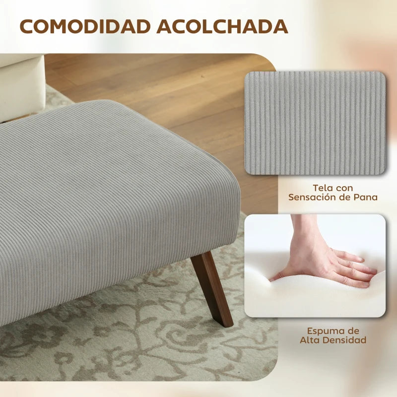 Reposapiés Bajo Mojácar 69 cm Gris en Pana con Patas de Madera en Forma de A Estilo Retro