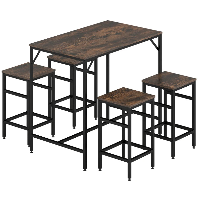 Set Rústica de mesa de bar y cuatro taburetes en marrón rústico y negro