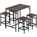 Set Rústica de mesa de bar y cuatro taburetes en marrón rústico y negro