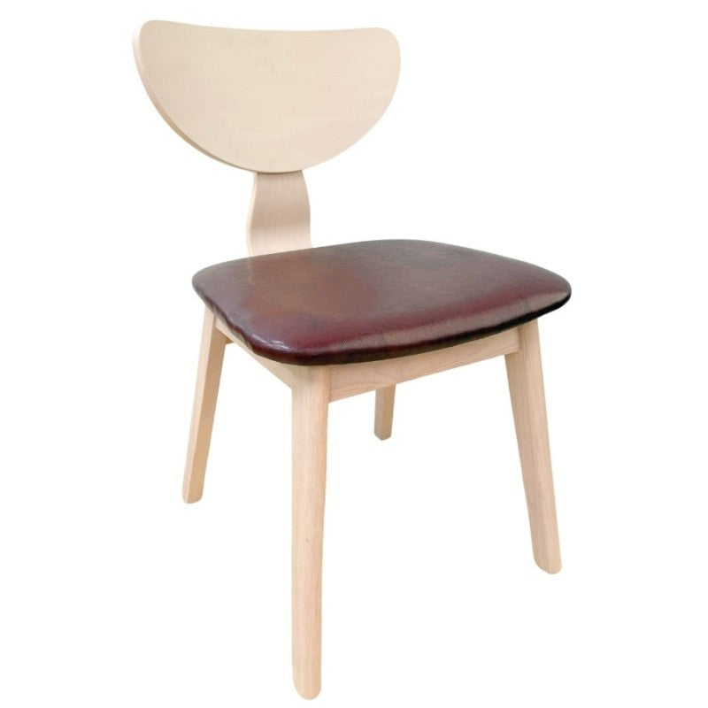 Silla de comedor Canela en madera de hevea natural con asiento de polipiel marrón
