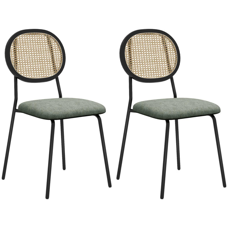Pack de dos sillas de comedor Vimini de estilo boho con respaldo de ratán y asiento verde oscuro