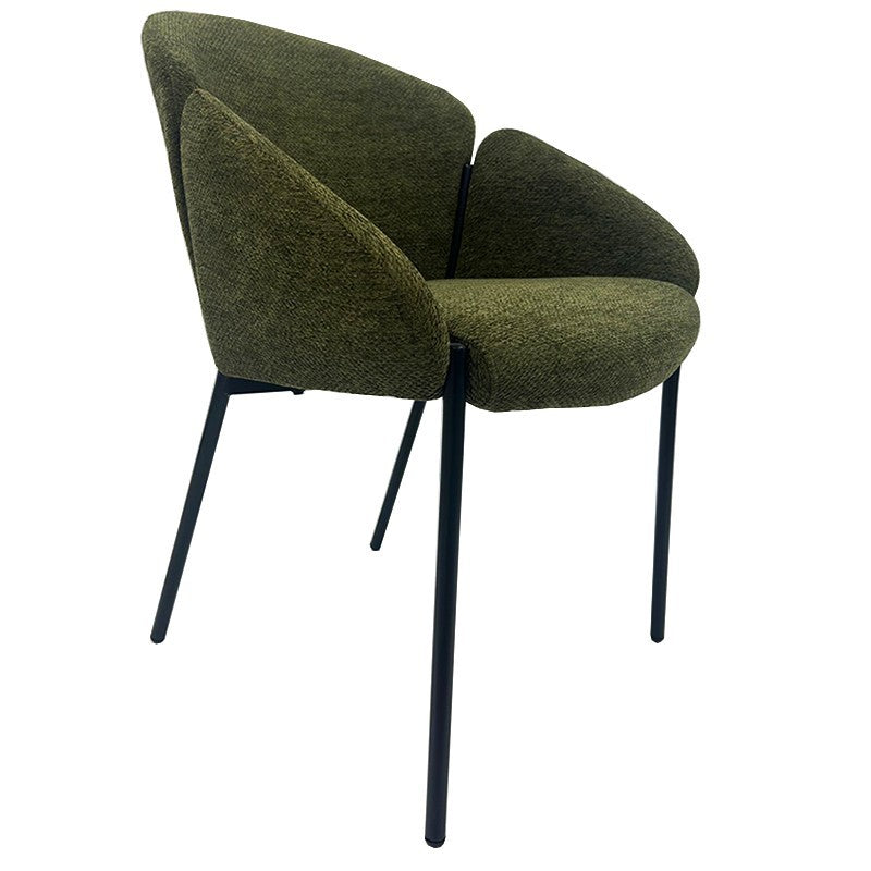Sillón Bosque tapizado en chenilla verde bosque con patas cónicas de metal negro