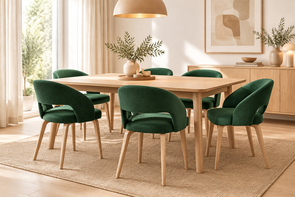 Sillones Musgo en verde oscuro alrededor de una mesa de comedor de madera