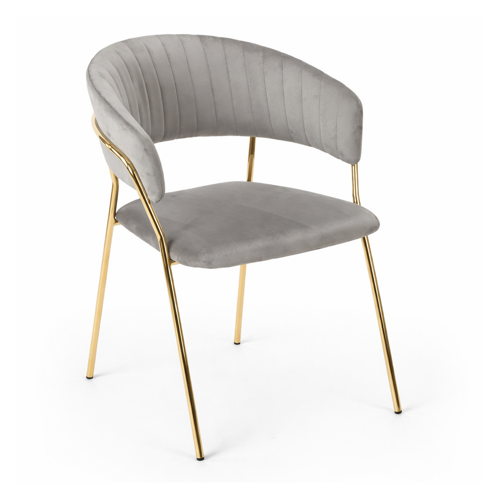 Sillón Gala tapizado en terciopelo gris oscuro con estructura metálica dorada