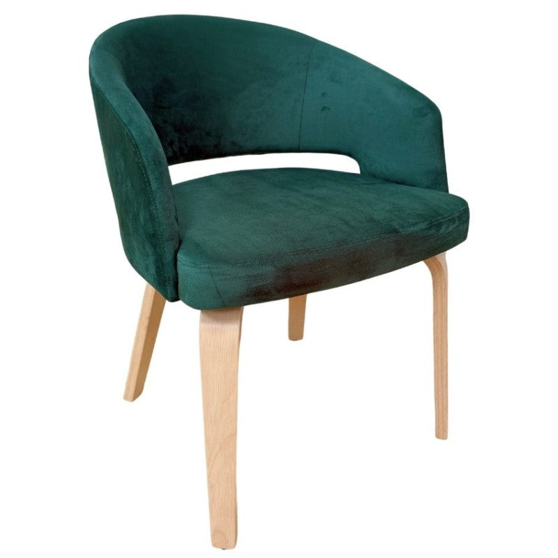 Sillón Musgo en madera de hevea natural tapizado en terciopelo verde oscuro