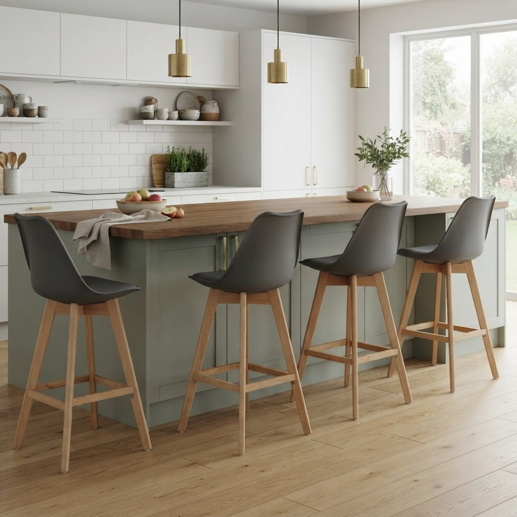Taburete Alto Gris Oscuro con Patas de Madera de Haya Ashby Pack de 4 con Carcasa de Polipropileno y Cojín de Polipiel