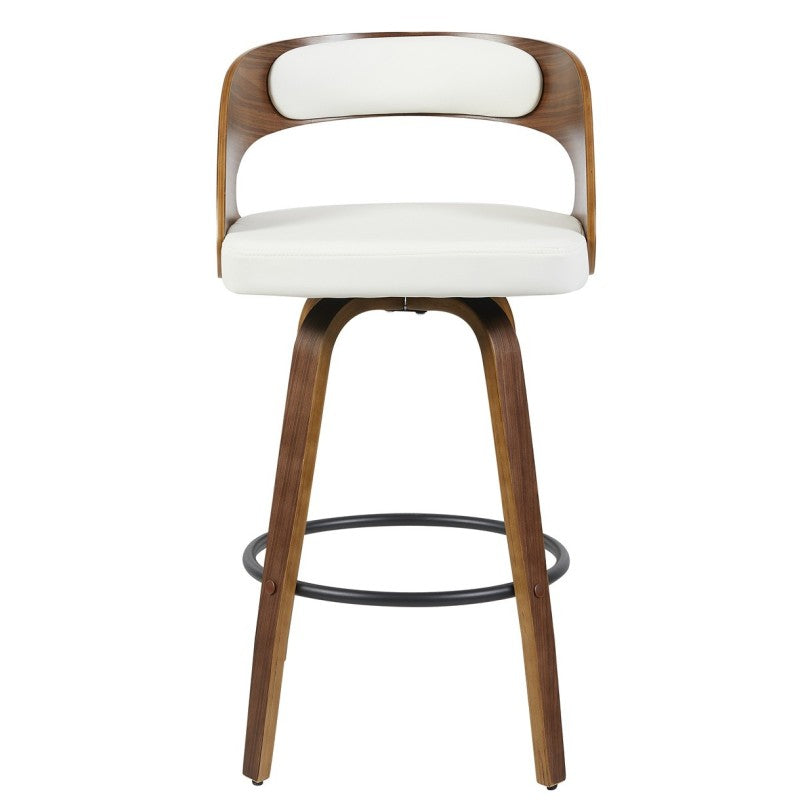 Taburete Howlita de madera contrachapada con asiento tapizado en polipiel blanca