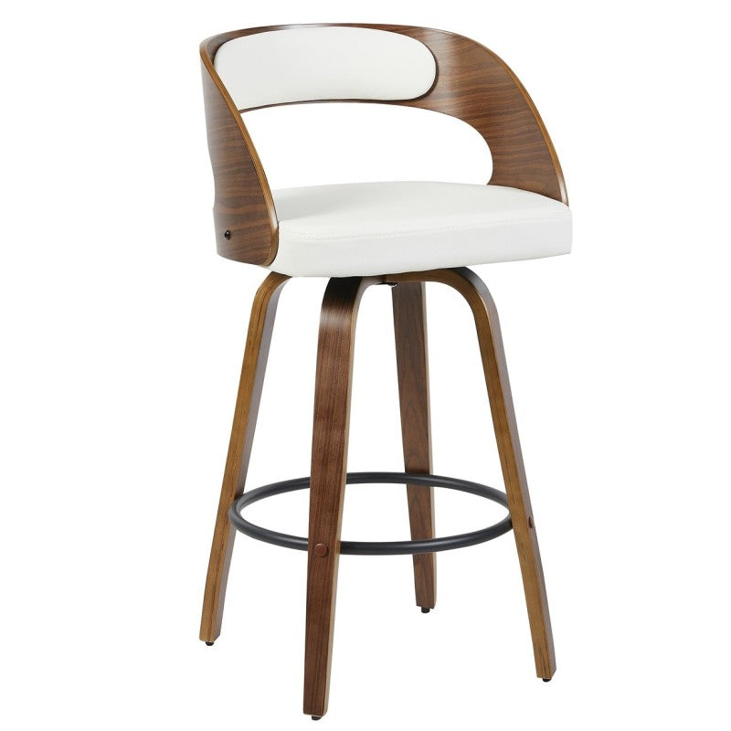 Taburete Howlita de madera contrachapada con asiento tapizado en polipiel blanca